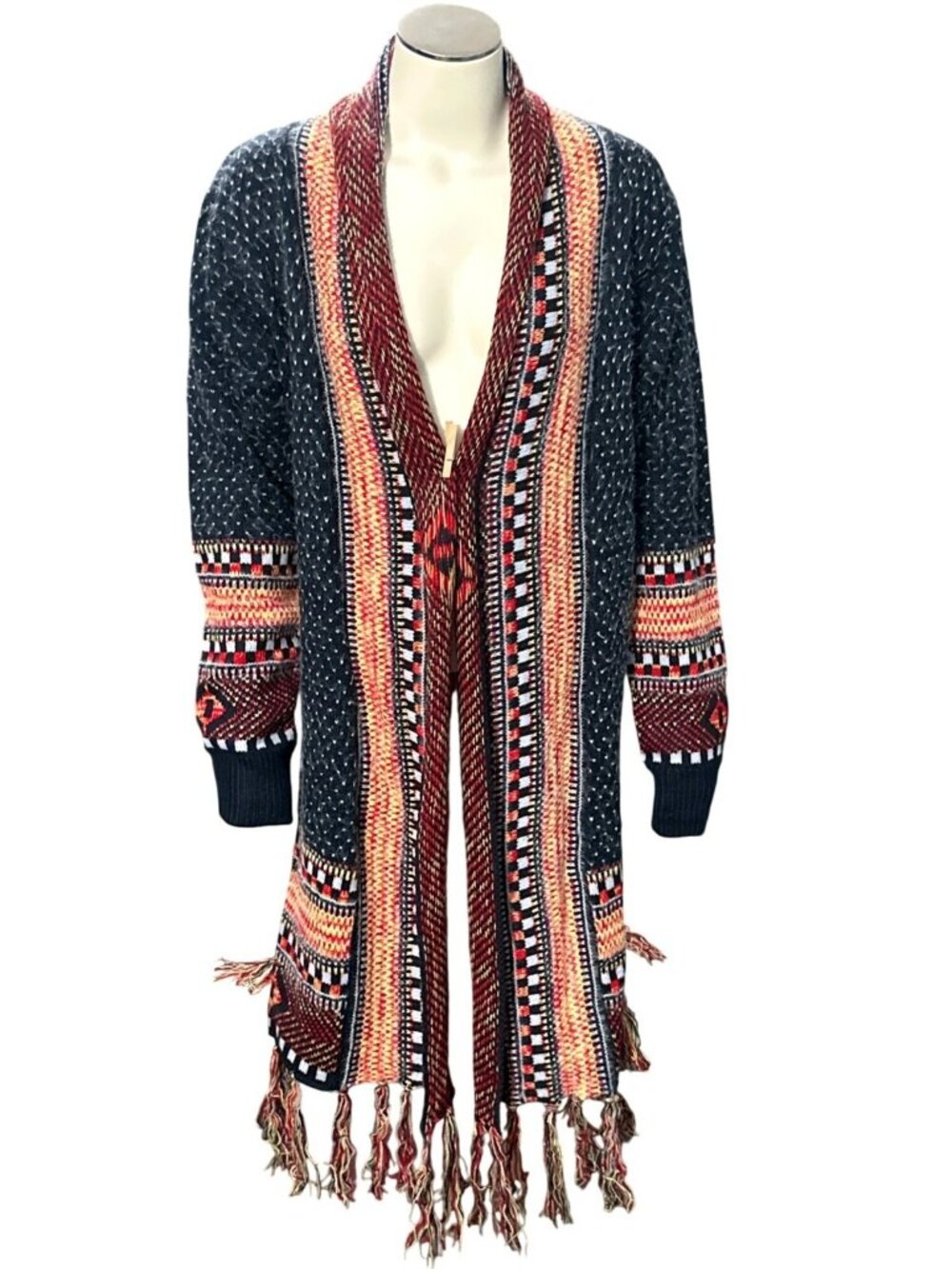 Bohemian Aztec Tribal Print Knit Cardigan Fringe Multicolor Pattern Sweater